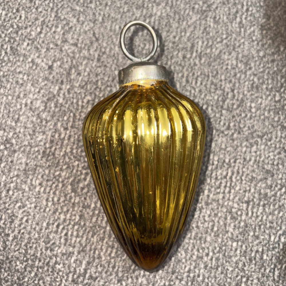 Vintage Gold Ribbed Teardrop Mercury Glass Ornament 5"